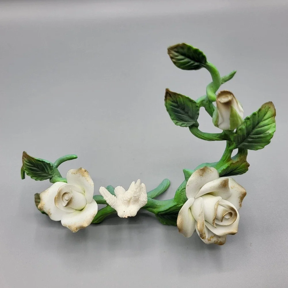 Vintage Metal And Porcelain Floral Figurine White Dove Shelf Decor